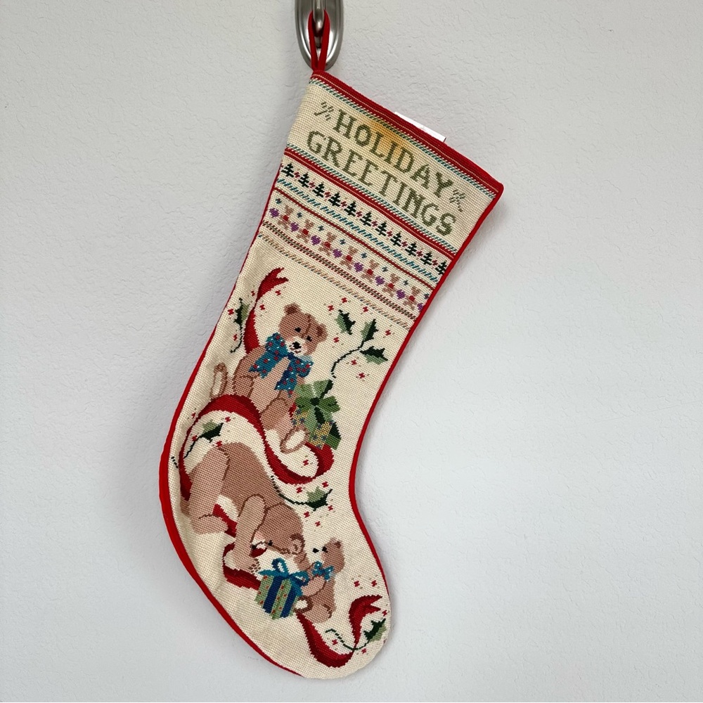 Needlepoint Teddy Bear Vintage Wool Christmas Stocking by Win-Tex Co.
